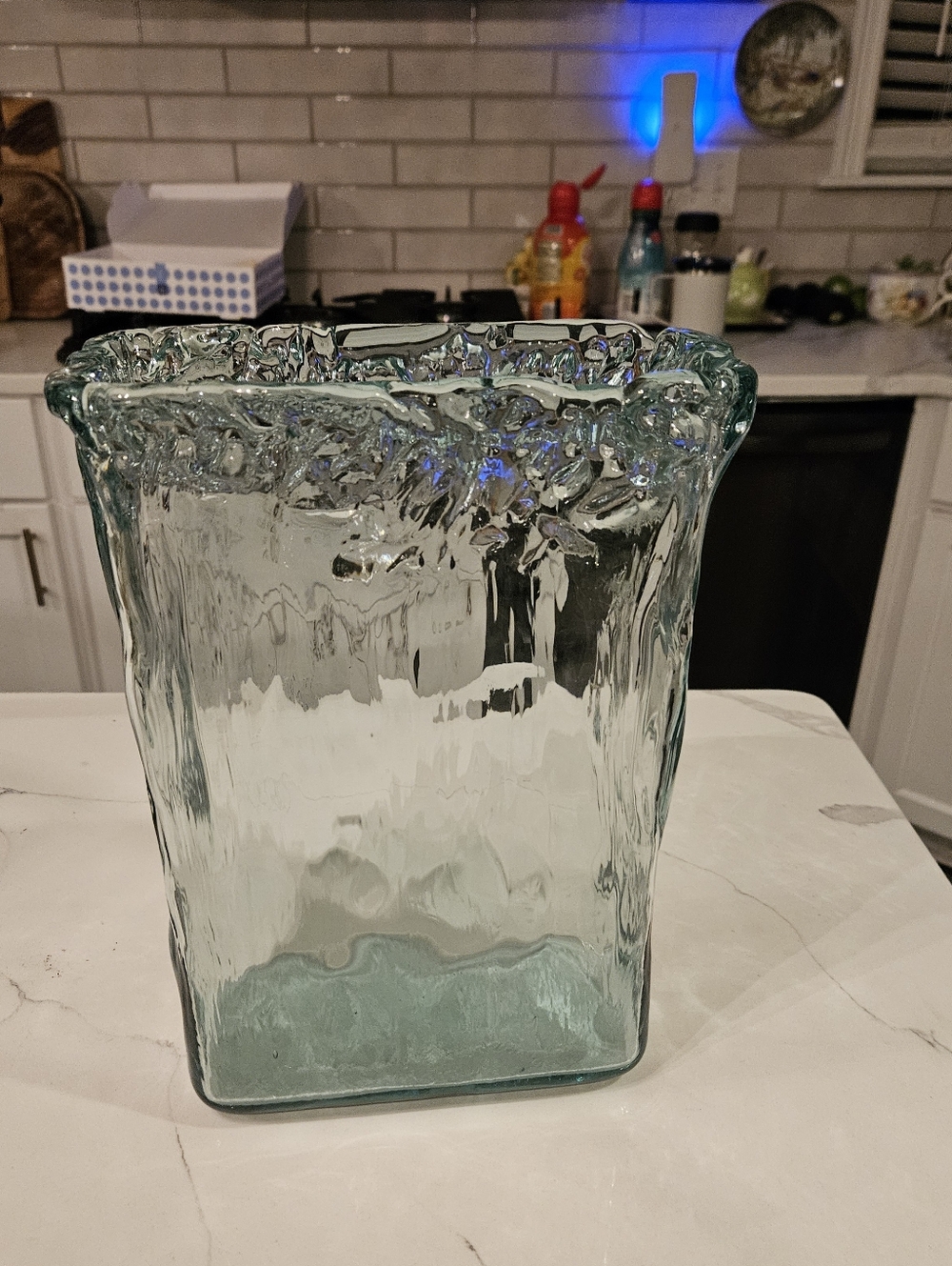 Textured Aveo Aqua Glass Vase with Scalloped Rim